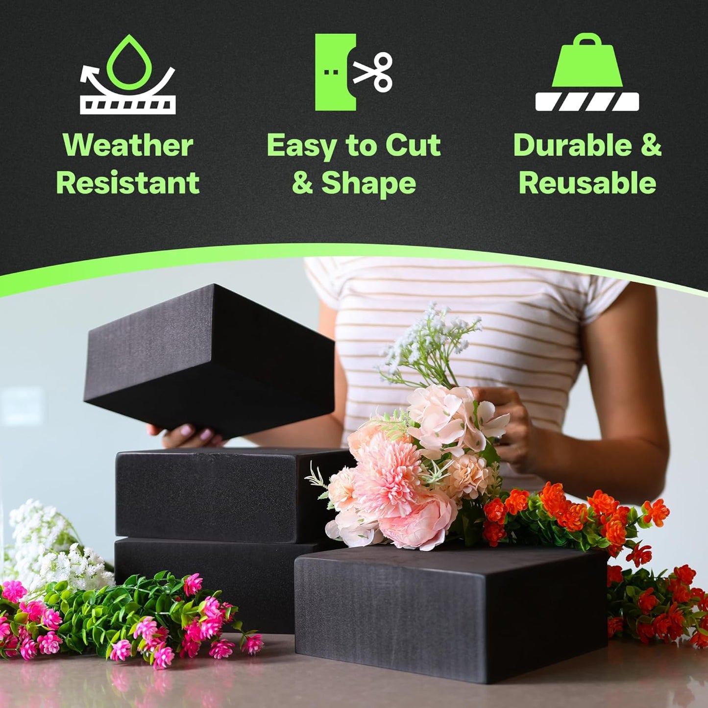 XCEL Floral Foam Blocks - Reusable, Weather Resistant Foam - Perfect for Fresh & Artificial Flower Arrangements, Crafts, Planter Boxes, Home Decor & More - 4-Pk, Black (7” x 7” x 3”)