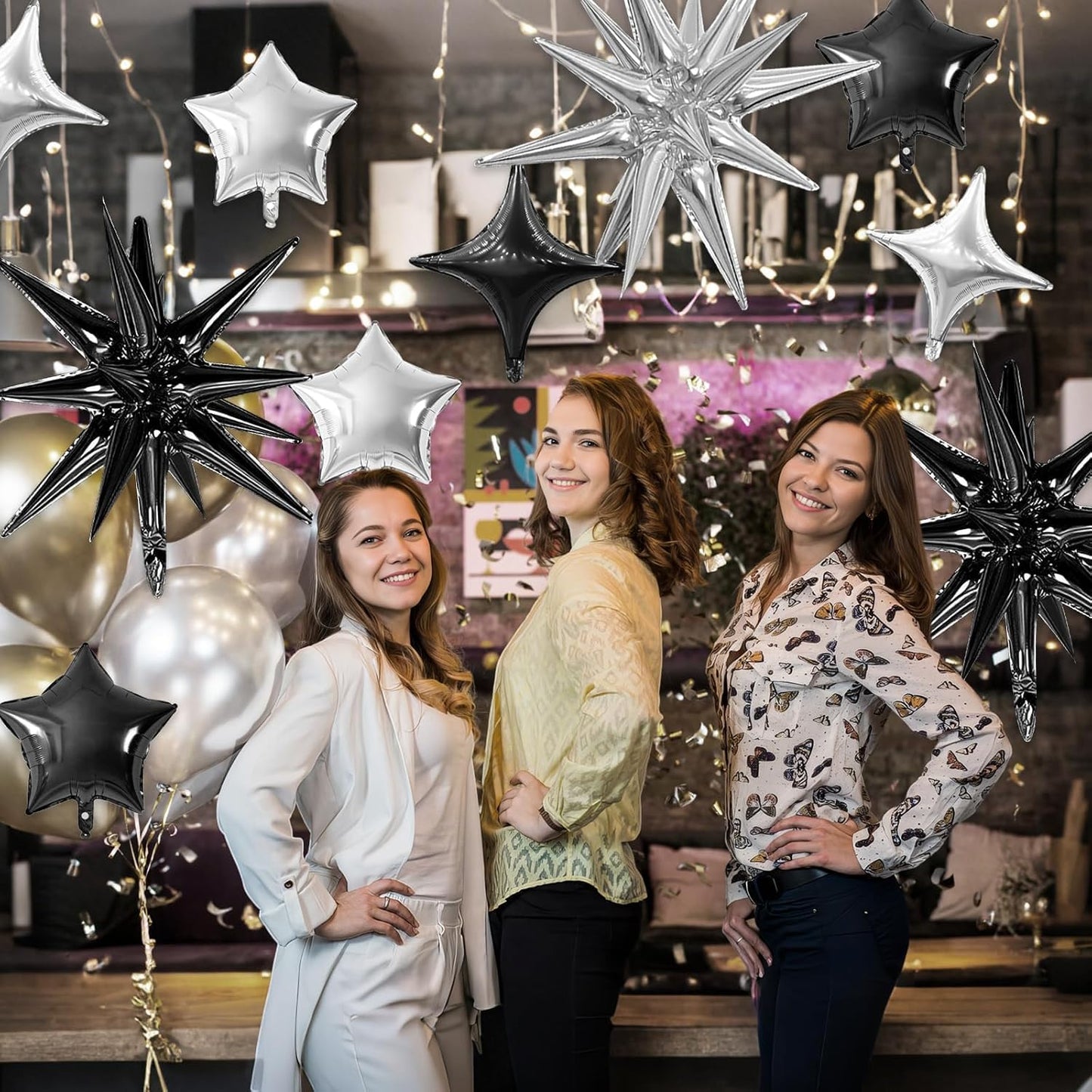 Black Silver Star Balloon,16Pcs Star Foil Balloons Set with 22Inch Explosion Spike Cone Balloons and 10Inch Quadrangle Helium Balloon for Birthday Wedding Baby Shower Party Decorations