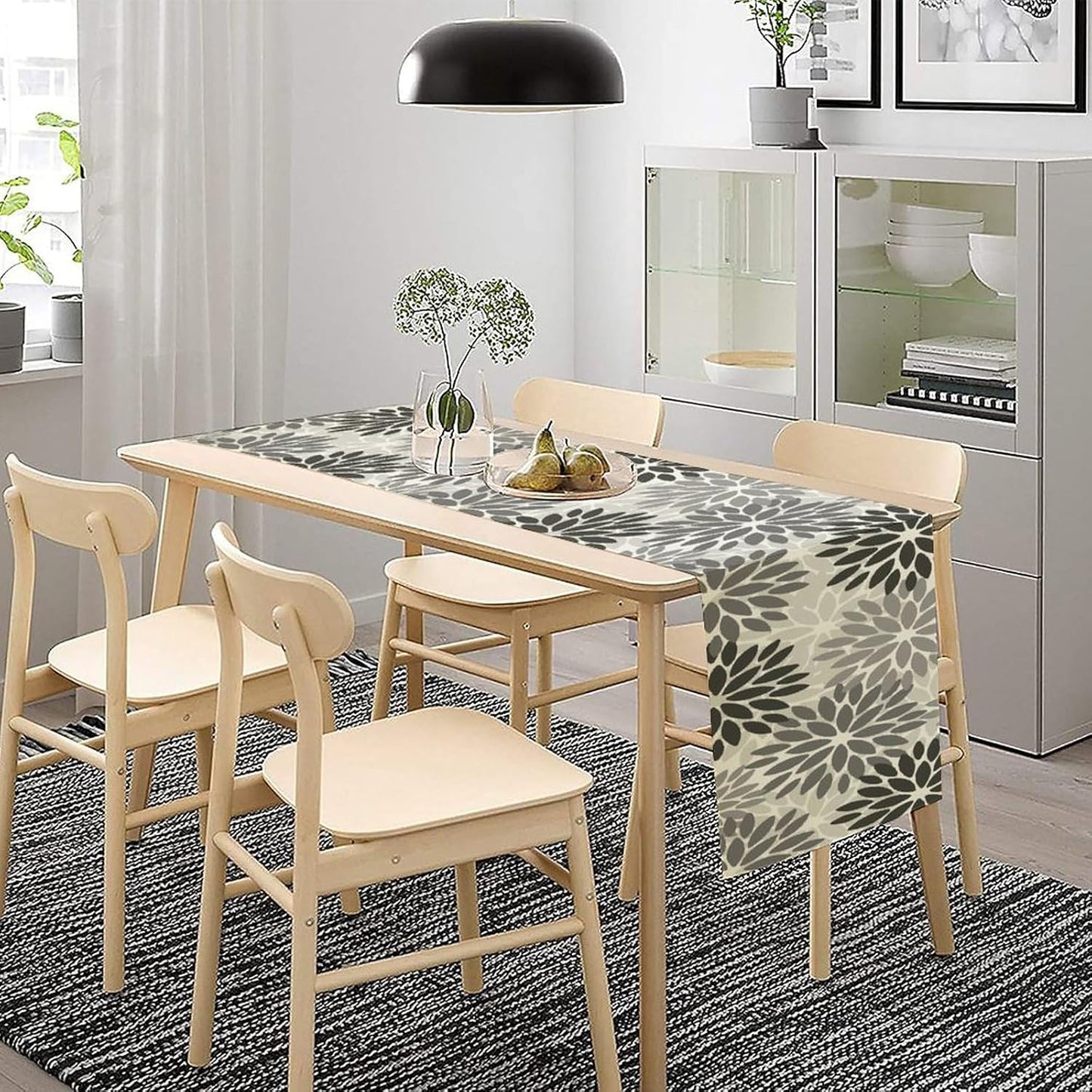 Gray Dahlia Flower Table Runner, Vintage Modern Linen Geometric Pattern Floral Table Runner Spring for Farmhouse Kitchen Dining Party Holiday Party, 13x90 Inch