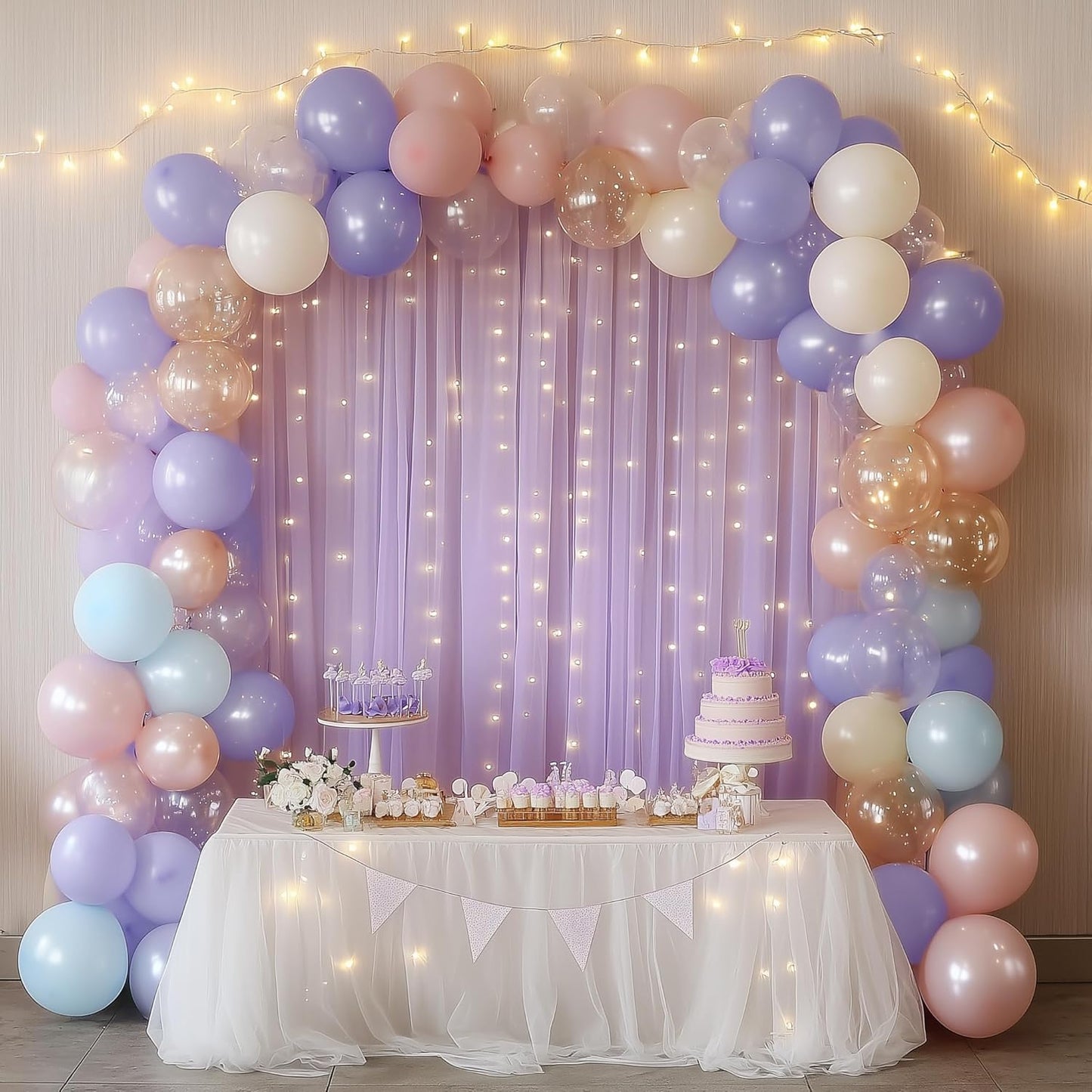 Tulle Backdrop Curtain with Lights String 10FT X 8FT Lavender Sheer Tulle Backdrop Curtains for Wedding Birthday Party Reception Photo Booth Background Decorations (2 Panels 5x8FT)