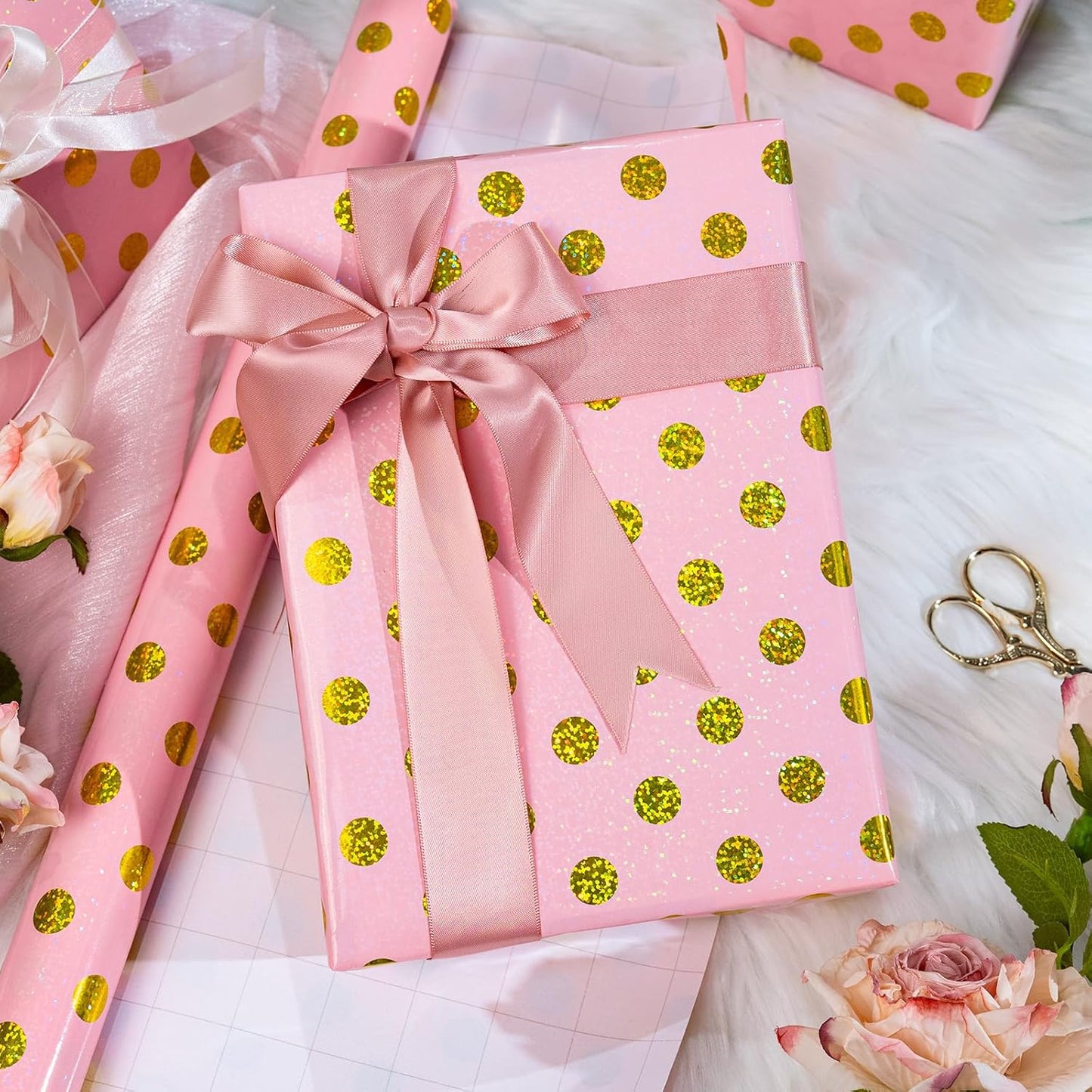Burymento Pink Holographic Dots Wrapping Paper, Reversible Gold Gift Wrap for Birthday, Valentines, Mothers day, Graduation, Wedding, Fathers day, Baby Shower, Christmas (17in x 16.4ft)