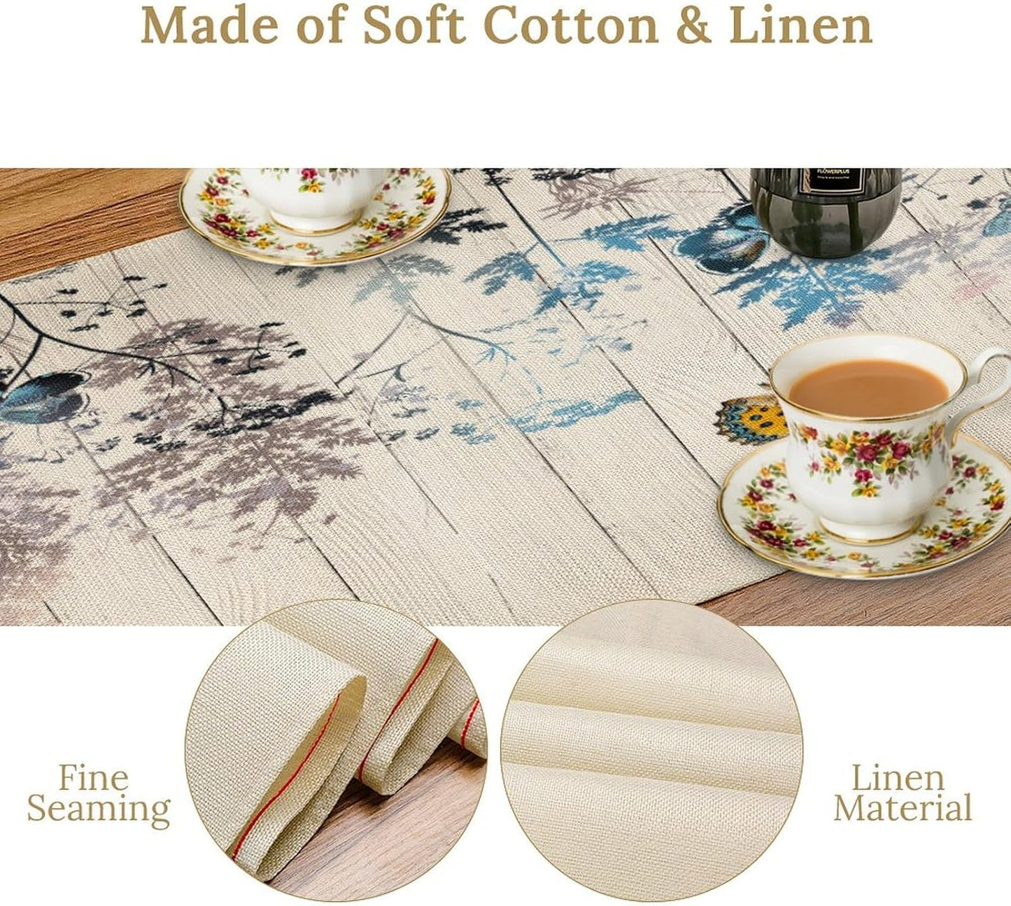 Nature Dandelion Table Runner,Rustic Floral Wood Plank Butterfly Girl Women Pattern Print Burlap Tablecloth for Hotel Indoors Outdoor Dining Room Kitchen Table Decor, 13x36in