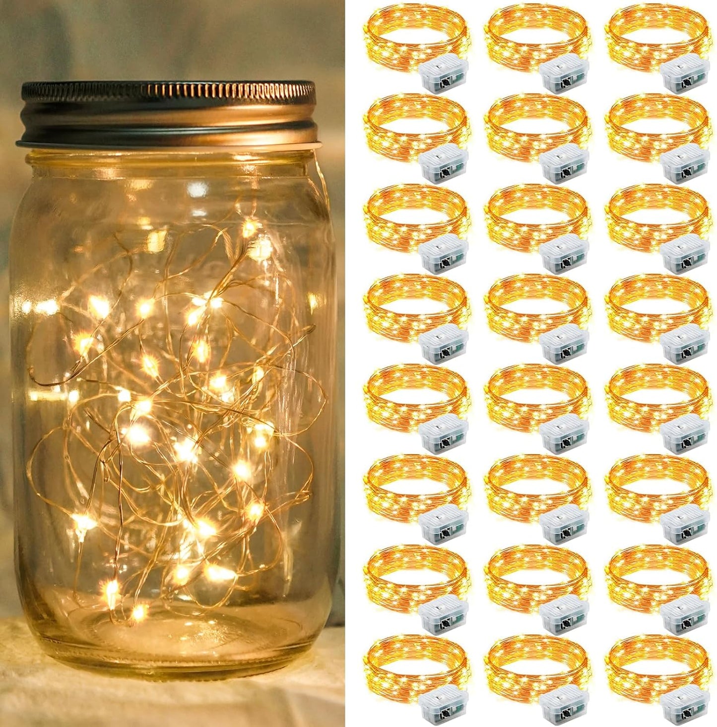 24 Pack Yellow Fairy Lights 7Ft 20 LED Twinkle String Lights 3 Modes Battery Operated Waterproof Firefly Starry for Mason Jar Party Wedding Christmas Valentines Day Table Centerpieces