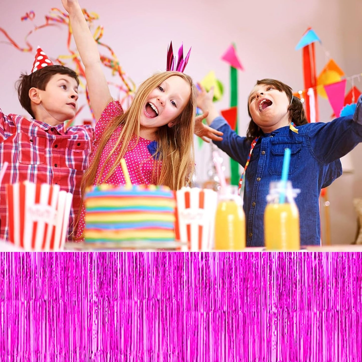 4P Metallic Foil Fringe Tinsel Table Skirts for Rectangle Tables Backdrop Banner Tinsel Streamer Garland Curtains for Parade Floats Wedding Graduation Anniversary Birthday Parties Decoration (Fuchsia)