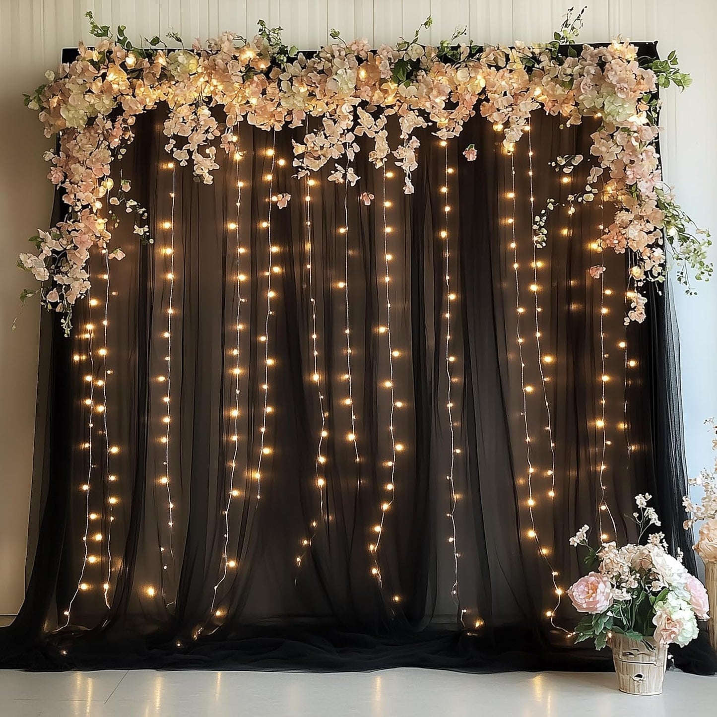 Fomcet Black Tulle Backdrop Curtains with Lights String 10FT X 10FT Sheer Curtains with Lights Tulle Curtain Backdrop for Wedding Birthday Party Photo Shoot (2 Panels 5x10FT)