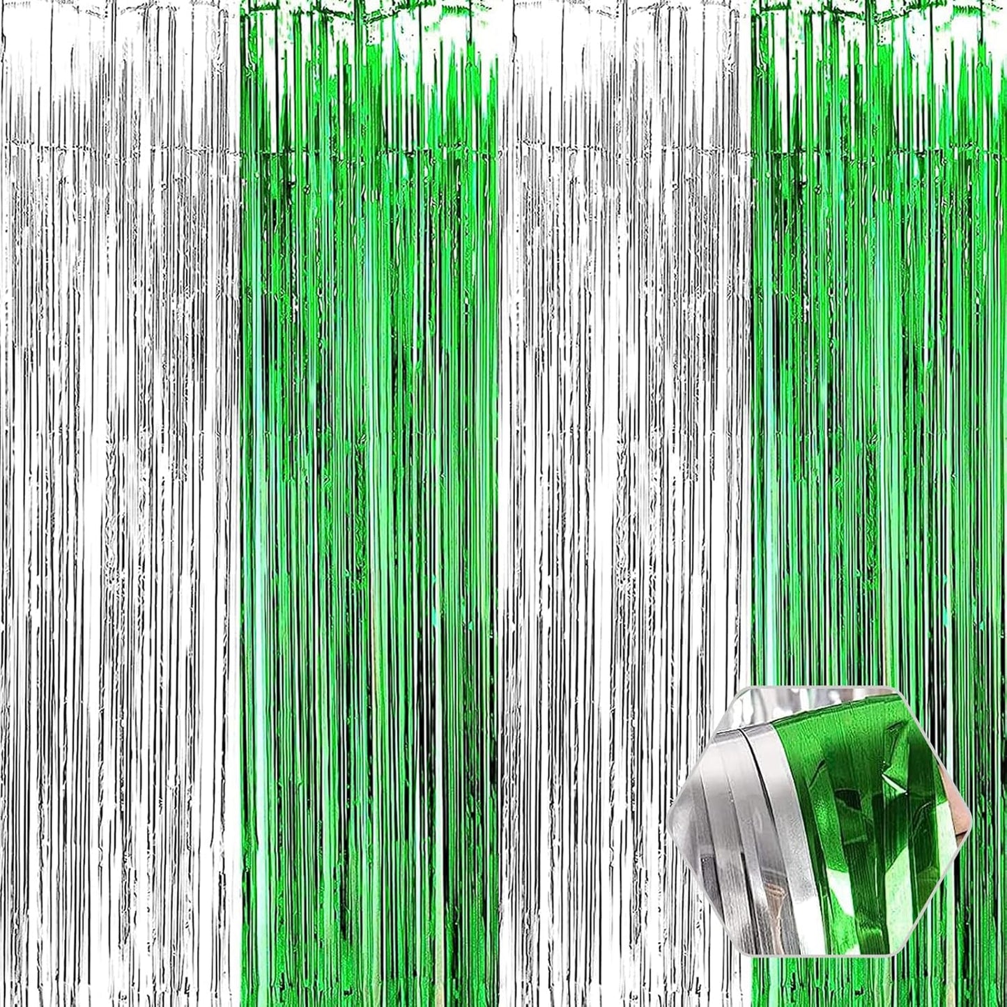 3 Pack Silver Green Foil Fringe Curtain Backdrop, 3.28Ft x 8.2Ft Metallic Tinsel Foil Fringe Streamer Curtains for Photo Booth, Christmas Day, Thanksgiving, Wedding, New Year Party Decorations