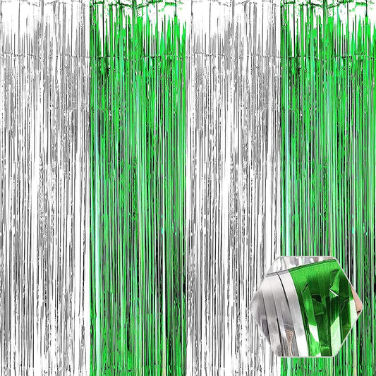 3 Pack Silver Green Foil Fringe Curtain Backdrop, 3.28Ft x 8.2Ft Metallic Tinsel Foil Fringe Streamer Curtains for Photo Booth, Christmas Day, Thanksgiving, Wedding, New Year Party Decorations