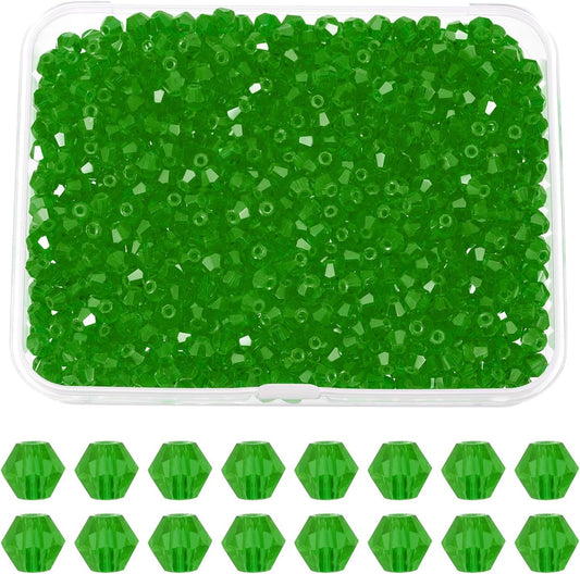 PATIKIL 1000pcs 3mm Bicone Glass Crystal Beads, Faceted Glass Spacer Beads with Box for Jewelry Making Bracelet Necklace Earrings DIY Suncatcher Craft, Grass Green