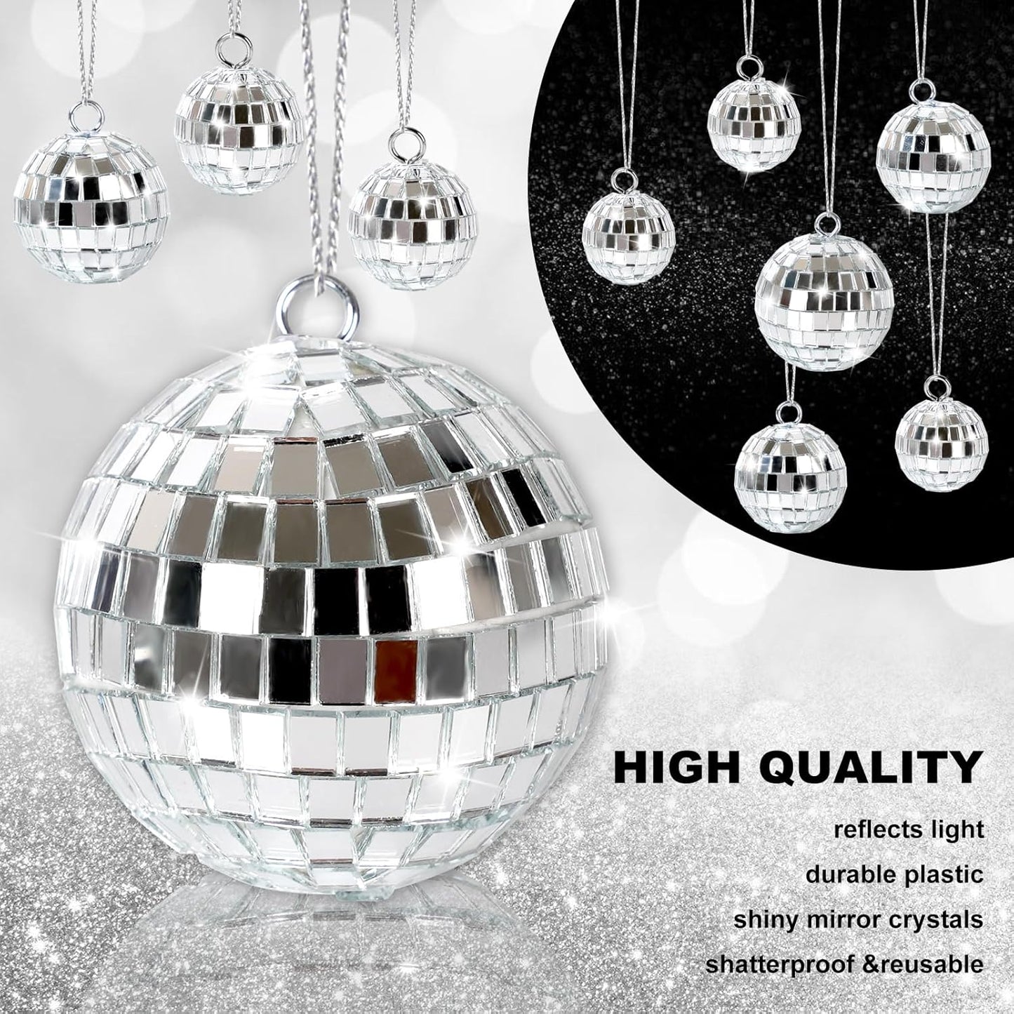 20 Pcs Mirror Disco Ball Hanging Ornaments Silver Glass Decor 70s Disco Party Decorations Ornament with Rope for Dance Birthday 70s Theme Party