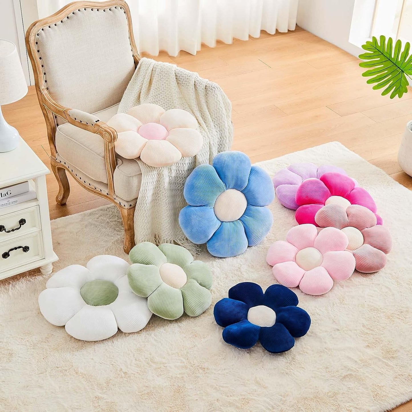 Beige Flower Pillow, 19.6" Cute Flower Shaped Floor Pillow, Aesthetic Floral Plush Daisy Decorative Throw Pillows for Bed Sofa Couch