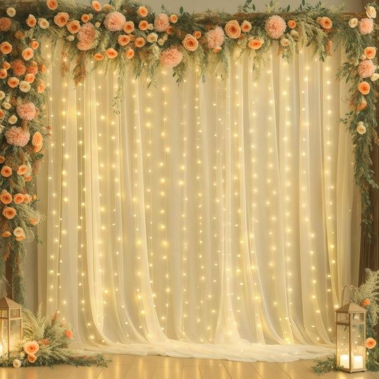 gogoparti 20x10ft Champagne Tulle Backdrop Curtains with Lights for Party Wedding Baby Shower, Sheer Wrinkle Free Backdrop Curtains for Birthday Party Photo Booth Background Decoration