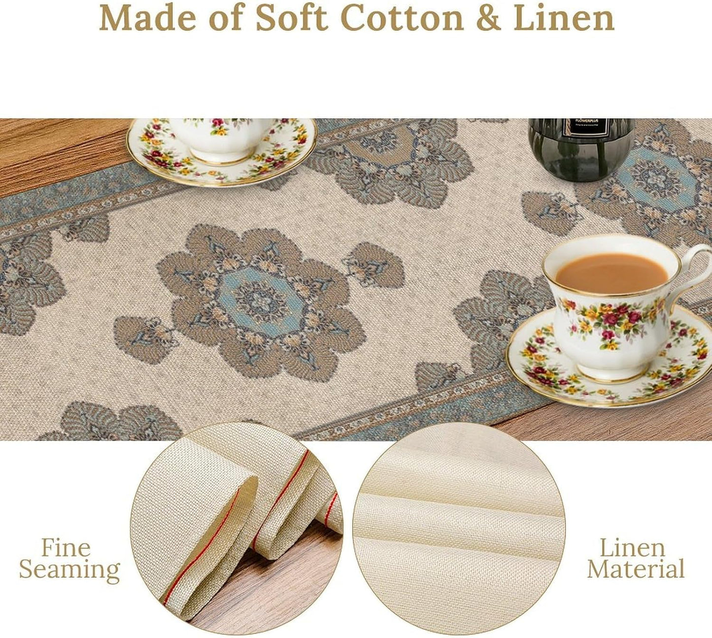 Boho Bohemia Style Table Runner, Vintage Teal Brown Retro Flower Rustic Country Style Floral Print Pattern for Home Kitchen Table Decor Dining Coffee Room Garden Party Decor 13x72in