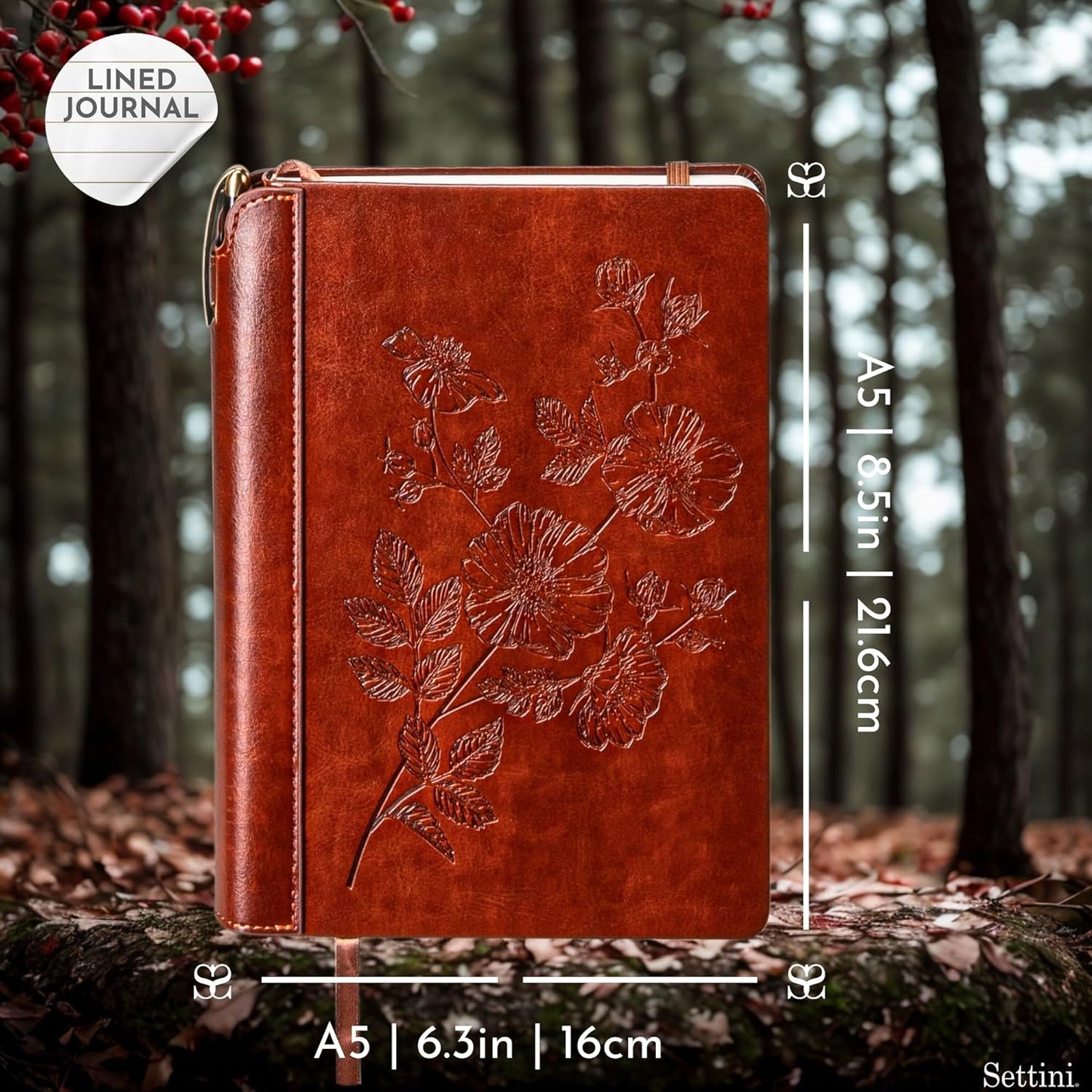 SETTINI® Lined Journal - Flower Journal for Writing Gift Set - Hardcover Vegan Leather, Unique Pen Holder, 192 Pages, 6" x 8.5" - Includes Pen and Gift Box - Birthday Gift