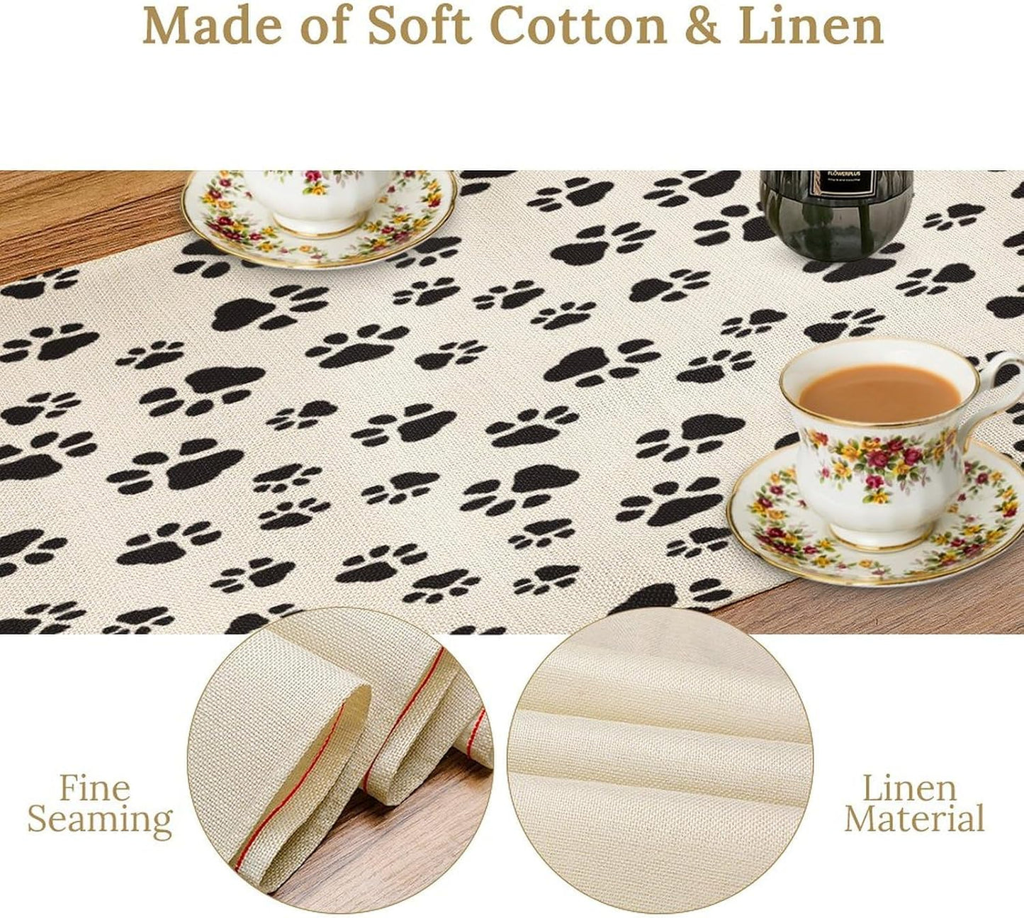 Dog Paws Table Runner,Cartoon Cute Black White Animal Footprints Abstract Tablecloth Burlap for Hotel Indoors Outdoor Dining Room Kitchen Home Decor,W13X L108 in
