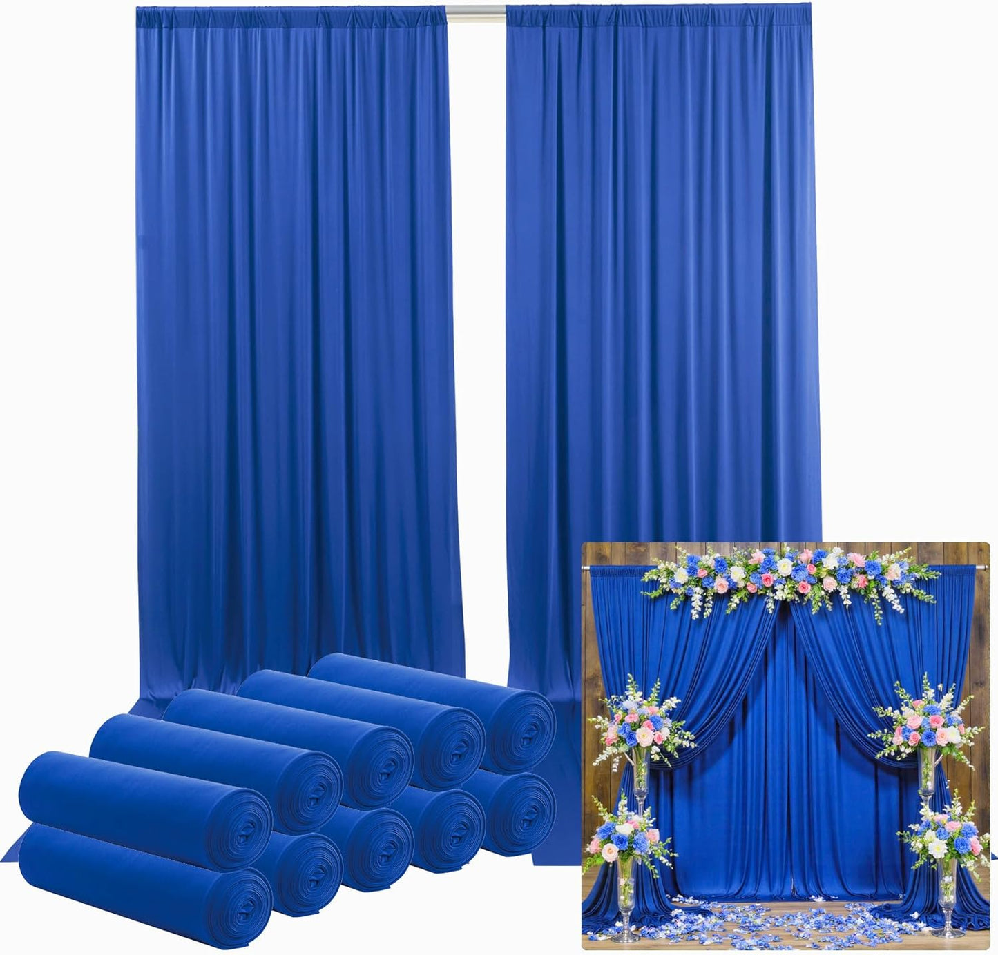50ftx12ft Wrinkle Free Royal Blue Backdrop Curtain, 10 Panels 12FT Height Royal Blue Wedding Backdrop Drapes, Silky Polyester Back Drop Cloth for Birthday Photography Background Party Backdrop Draping