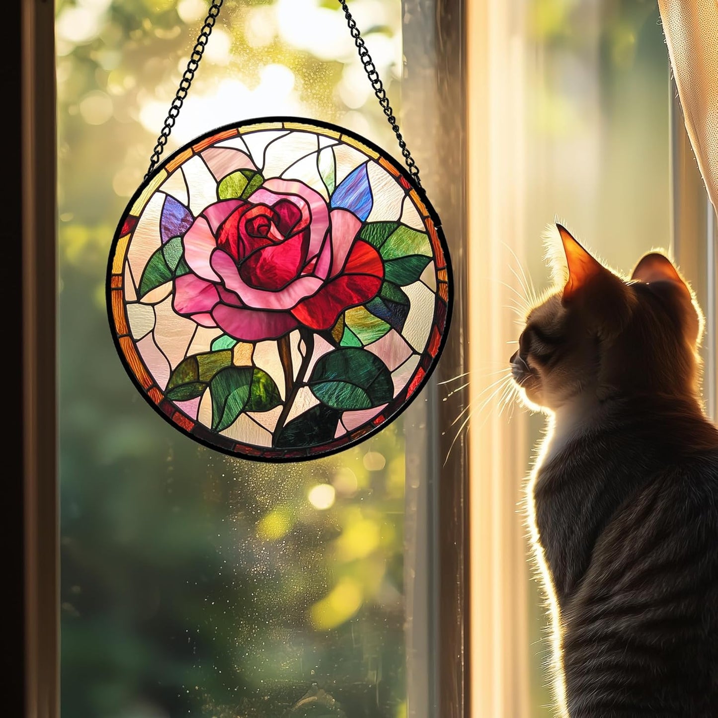 Stained Glass Window Hanging - Pink Rose Suncatcher for Door Garden Home Decor Birth Flower Sun Catcher Christmas Birthday for Friend Lovers Women Mom Nana 6.3 in