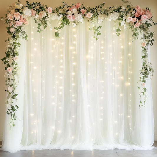 Fomcet Ivory Tulle Backdrop Curtains with Lights String 10FT X 8FT Sheer Curtain with Lights Tulle Curtains Backdrop for Wedding Birthday Party Baby Shower Photo Shoot (2 Panels 5x8FT)