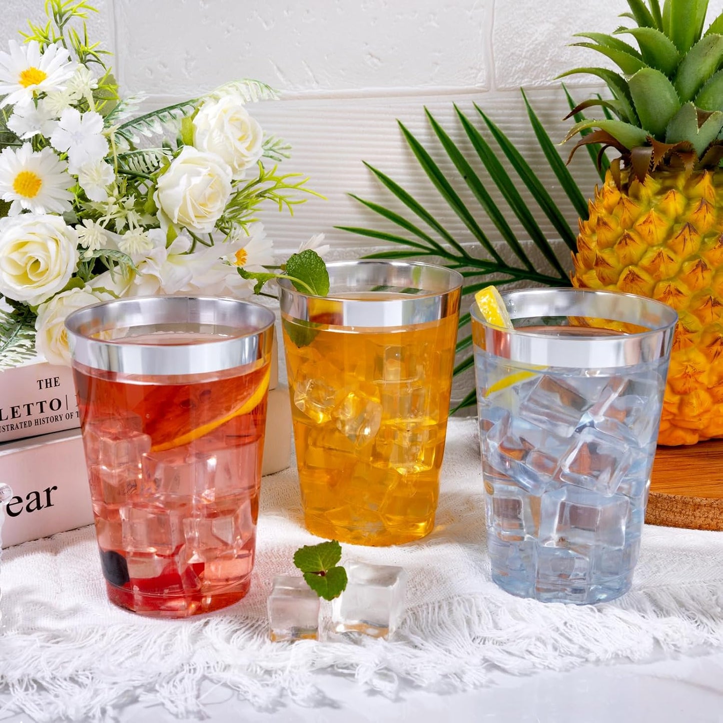 I00000 200 Pack 12 oz Silver Plastic Cups, Silver Rimmed Disposable Cups, Plastic Party Wine Glasses Cocktail Glasses Heavy Duty Cups with Silver Rim, 12 Ounce Tumblers For Party