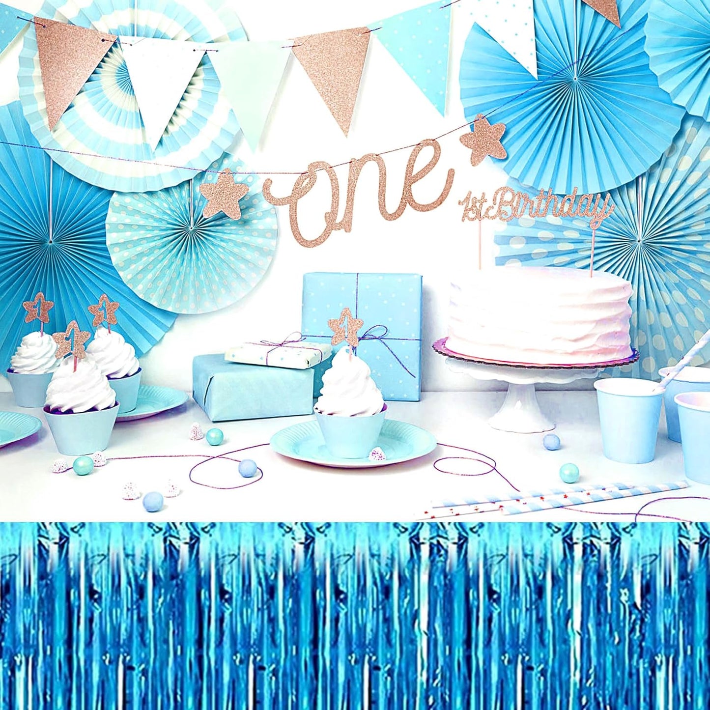 3 Pack 29 x108 Inch Lake Blue Foil Fringe Table Skirts Metallic Banner for Tinsel Streamer Garland Backdrop for Parade Floats Mother's Day, Graduate, Birthday, Wedding Party Decoration