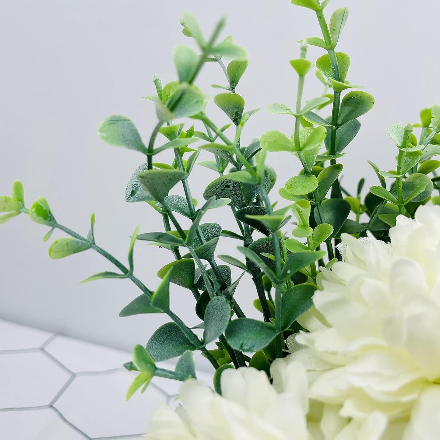 LADADA Artificial Flower Hydrangea and Small CeramicVase Fake Plant Eucalyptus Leaf Berry Flower Arrangement for Home Decoration (White)