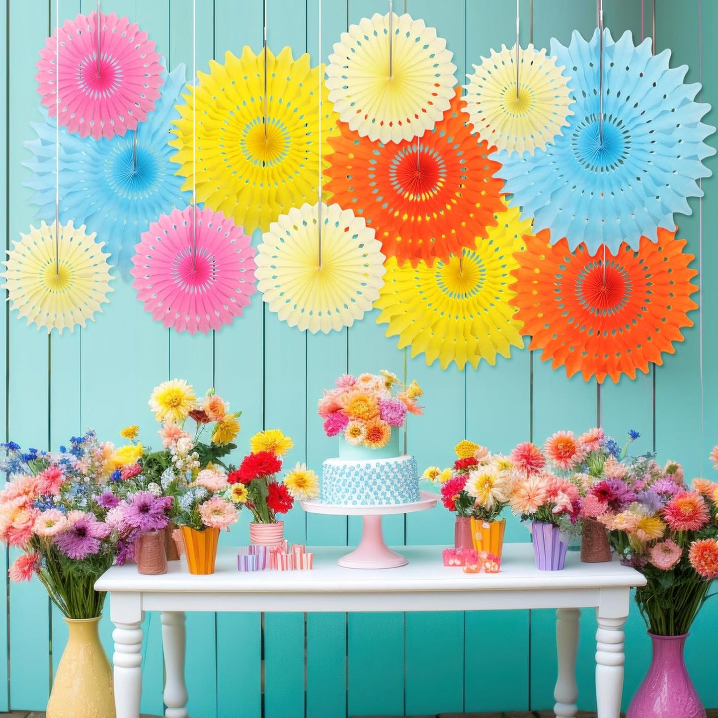 Outus 12 Pcs Hanging Honeycomb Paper Fans Sets, Fiesta Pastel Party Decorations, Tissue Paper Flowers Supplies for Birthday Wall Classroom Wedding Bridal Photo Backdrop (16/14/8/6 Inch)