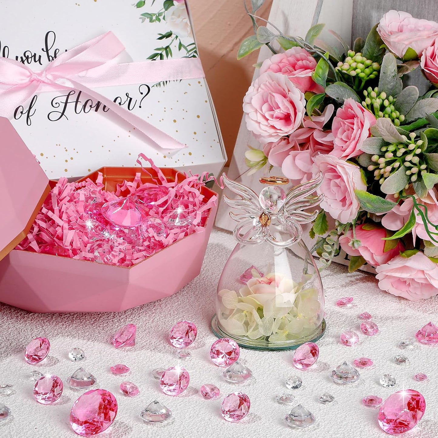 Hicarer 800 Pieces Diamond Decorations Acrylic Diamond Table Scatter Crystals for Table for Vase Fillers Party Decorations(20, 12, 10, 6, 3mm,Pink)