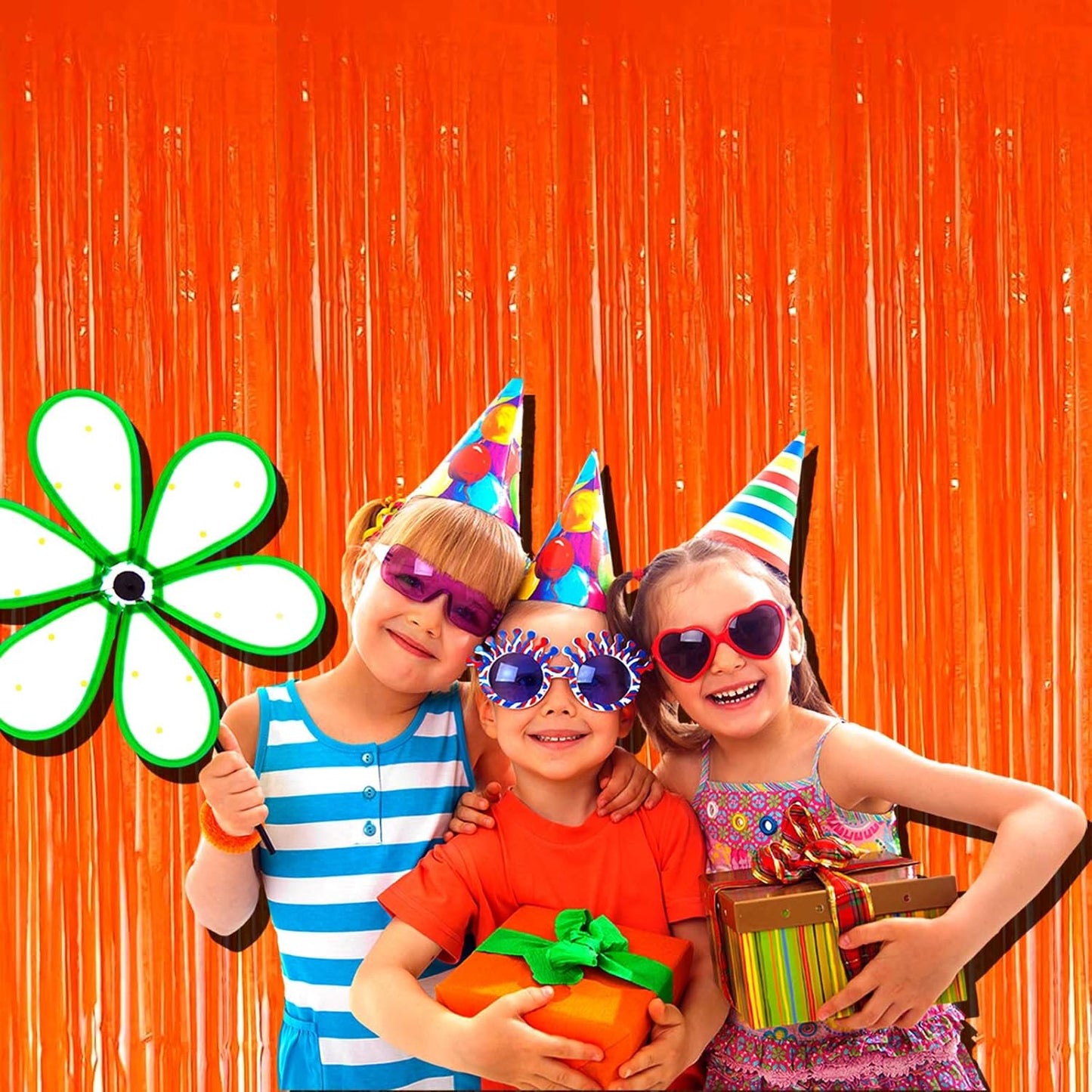 4 Pack Orange Foil Fringe Curtain Backdrop, 3.3Ft x 9.8Ft Metallic Tinsel Streamers Curtains Photo Booth, Wedding, Thanksgiving, Birthday, Christmas, Halloween Party Decor, Macaron