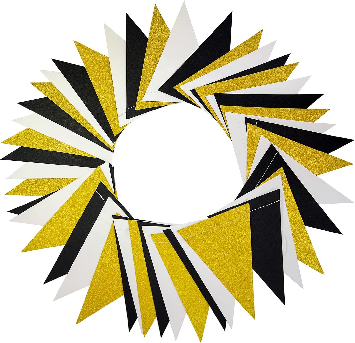 MerryNine Triangle Flag Bunting Banner, 3 Pack 30 Feet Vintage Style Pennant Banner for Wedding, Baby Shower, Event & Party Supplies 45pcs Flags (Triangle Flag - Black White Gold Glitter)