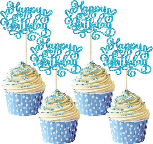 Gyufise 24Pcs Happy Birthday Cupcake Toppers Glitter Happy Birthday Cupcake Picks for Celebrating Happy Birthday Anniversary Theme Party Cake Decorations Supplies Blue