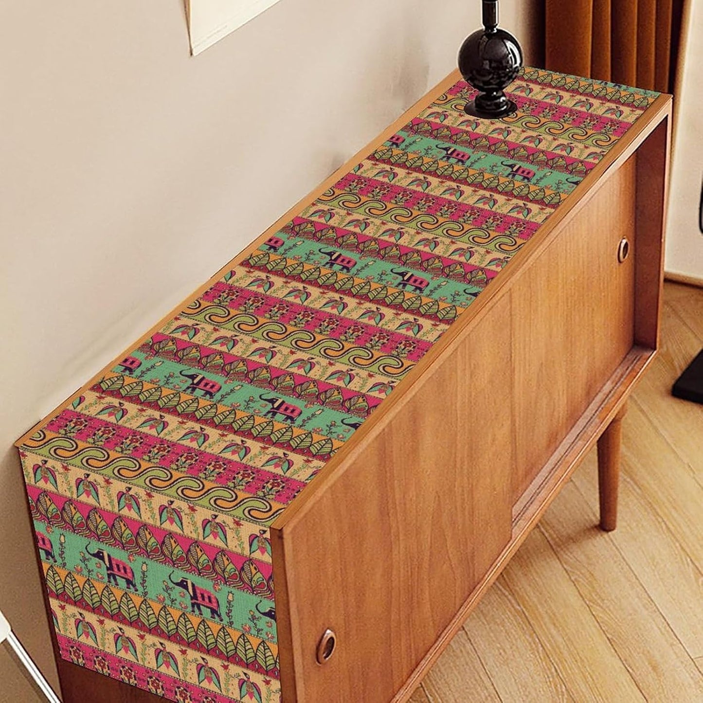 Boho Table Runner, Indian Bohemian Elephant Mandala Paisley Floral Hippie Art Print Table Center Decor for Home Kitchen Dining Patio Holiday Party Indoor Outdoor Table Decorations, 13"x72" Inch