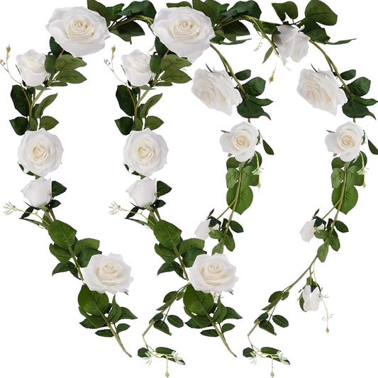 FiveSeasonStuff Floral White Artificial Silk Roses Flower Garland, Bendable Hanging Vine (2pcs, 11ft)