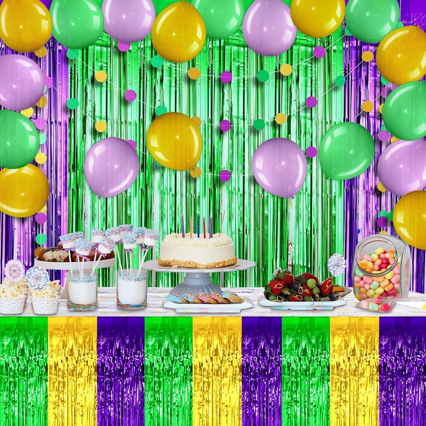 6 Pack 29x108 Inch Mardi Gras Metallic Foil Fringe Tinsel Table Skirts for Rectangle Tables Streamer Backdrop for Wedding, Birthday, Parade Floats, Carnival Party Decoration Gold Green Purple