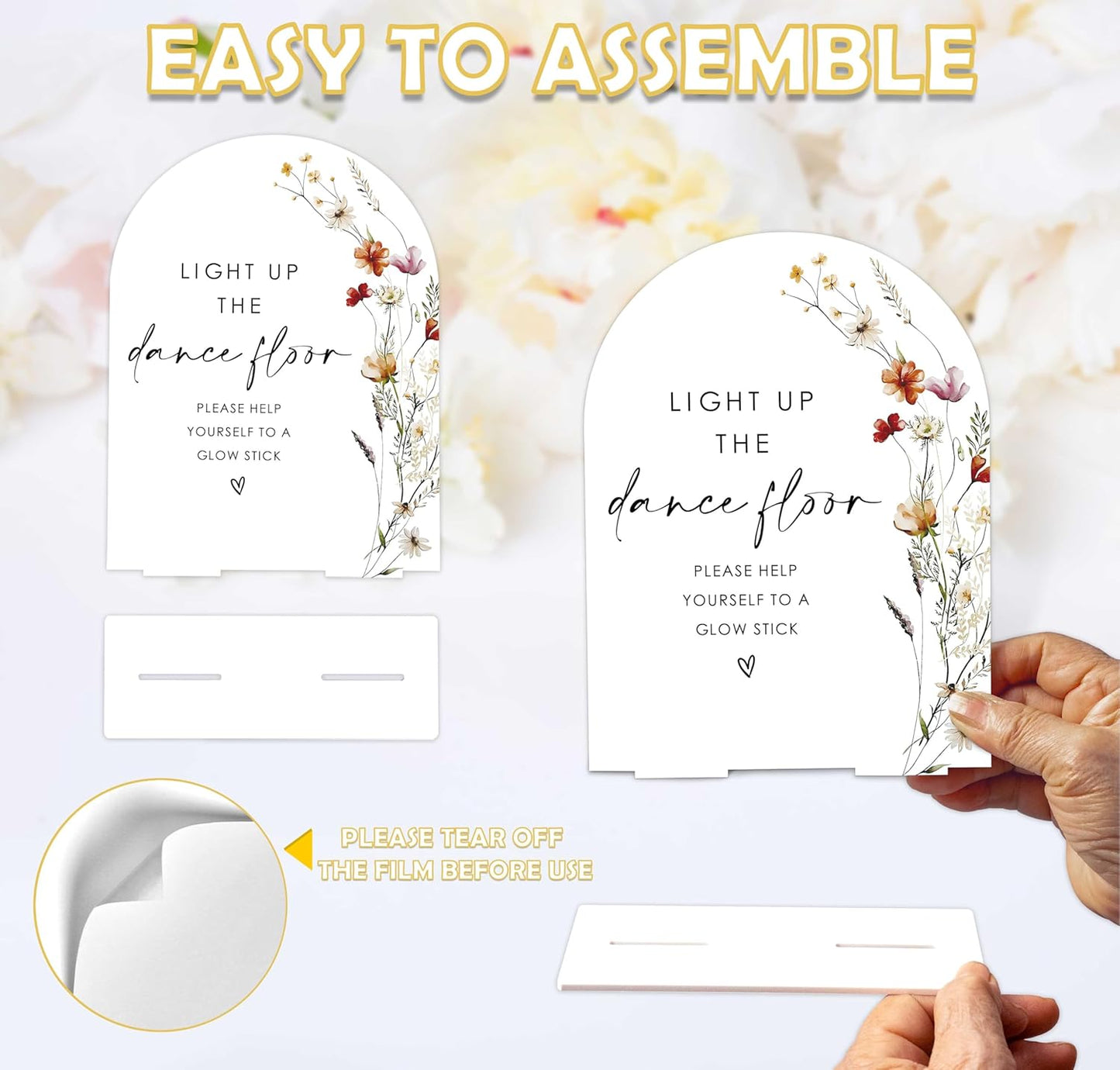 Boho Floral Glow Stick Sign, 6 x 8 Inch White Arch Acrylic Wedding Sign with Holder, Wedding Sign for Ceremony and Reception, Wedding Decoration, Wedding Supplies - BX22