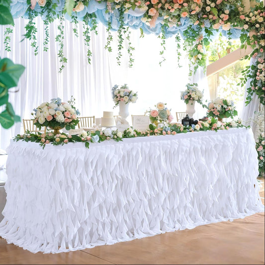 Partisky White Tulle Curly Willow Table Skirt for Rectangle Table 9ft, Ruffle Tutu Table Cloth for Wedding,Bridal Shower, Baby Shower,Birthday Party