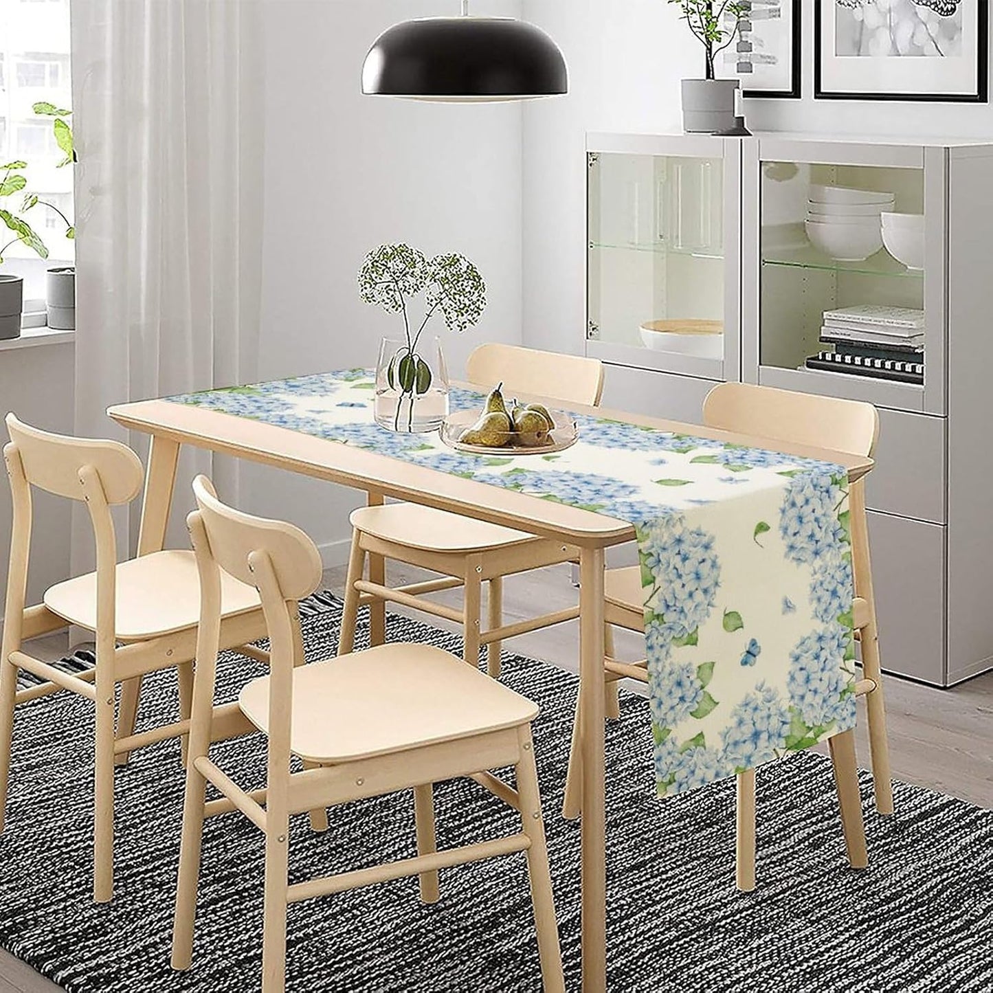Watercolor Hydrangea Flower Table Runner, Spring Summer Seasonal Plants Butterfly Blue Dinner Runner for Home Kitchen Dining Table Party Holiday Decoration 13"x90"