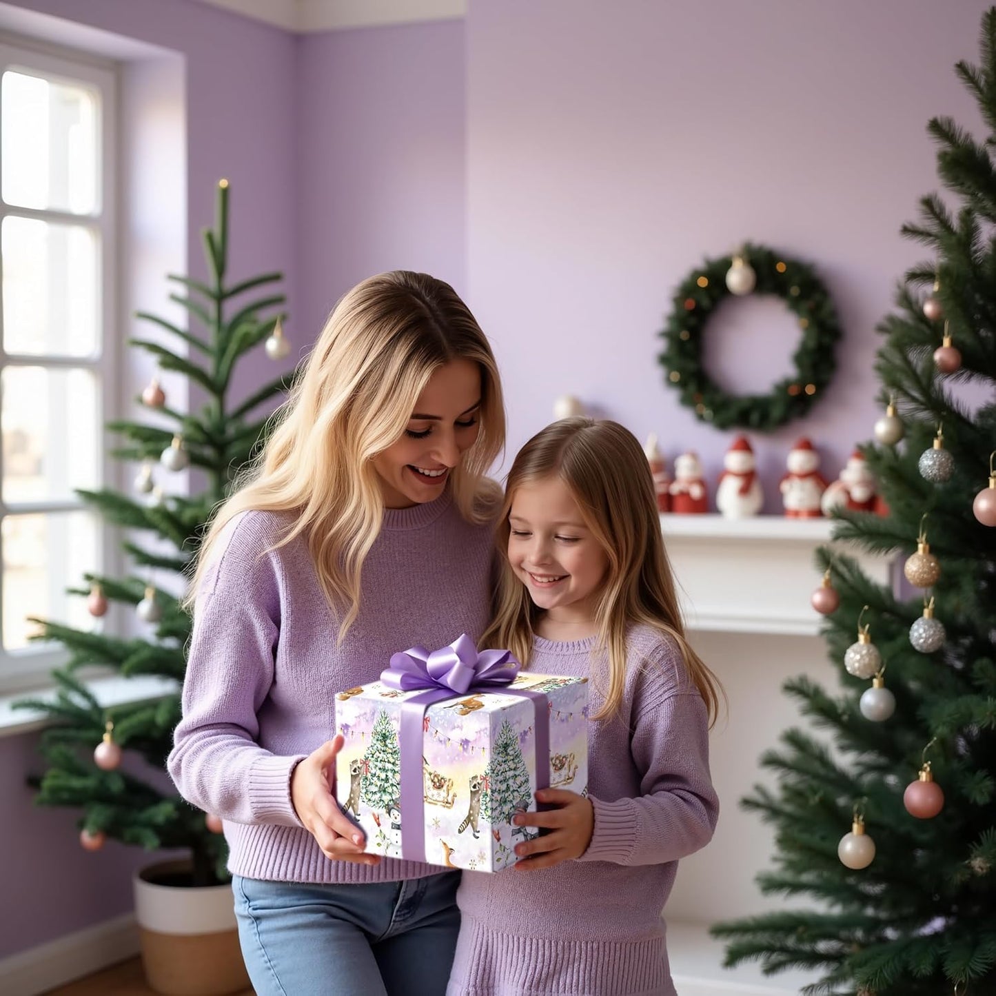 LeZakaa Christmas Reversible Wrapping Paper Roll, Watercolor Winter Forest Design with Fox Raccoon Christmas Tree Snowflake, for Kids Family, Winter Holidays, Mini Roll 17 in x 16.4 Ft