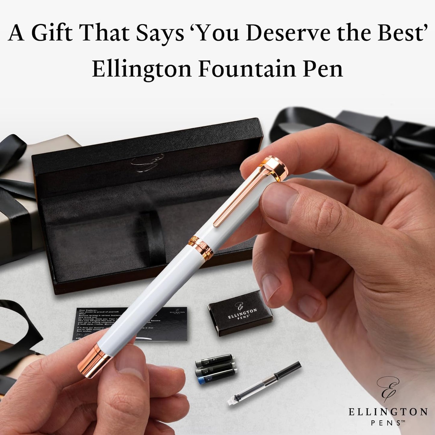 Ellington Pens Luxury Fountain Pen Set- Fountain Pens for Writing - Smooth Medium Nib - Includes Refillable Ink Converter, 3 Ink Cartridges [Black & Blue], Gift Box - Elegant Calligraphy