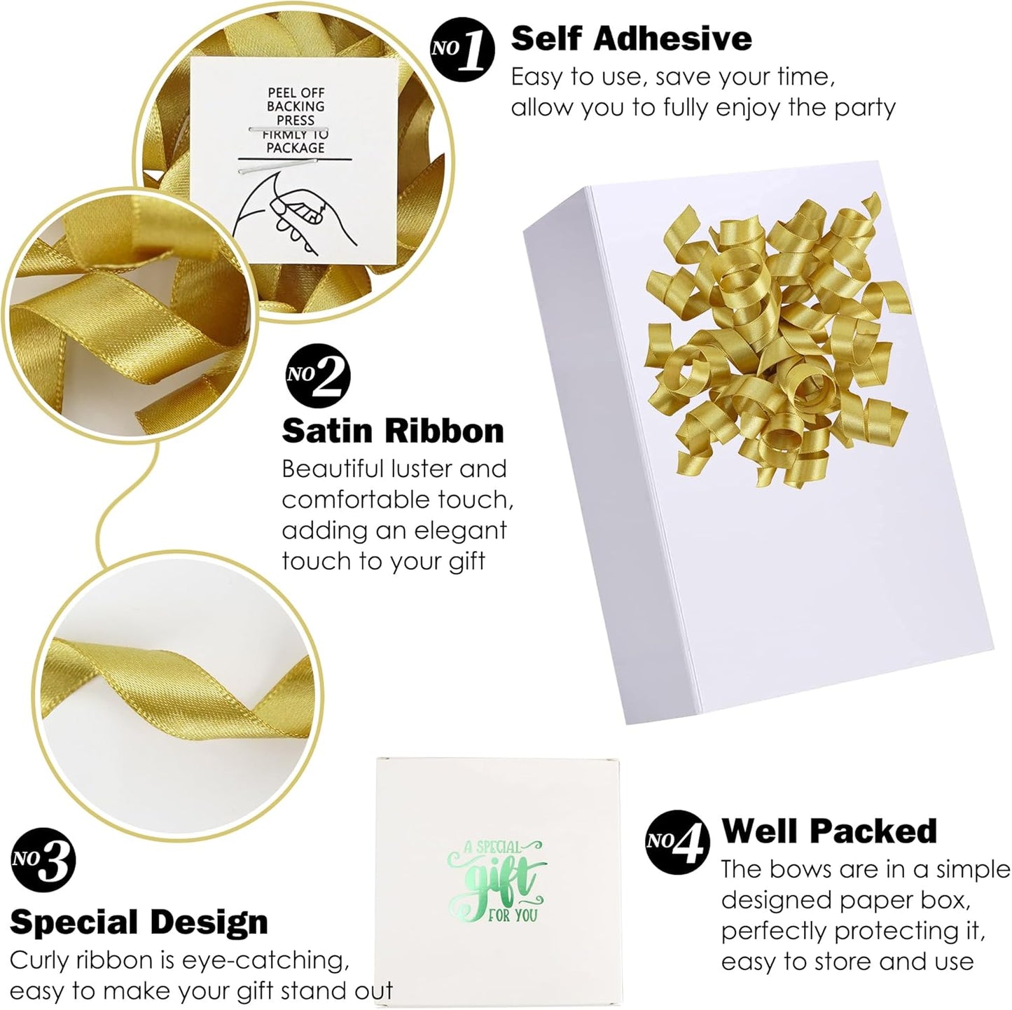 5 Inch Gold Bows Curly Ribbon Bows for Gift Wrapping, Satin Bows with Double-Sided Tape, Self Adhesive Bows for Party, Wedding, Birthday Decor, Premade Bows for Crafts, Wine Glasses-8 PCs