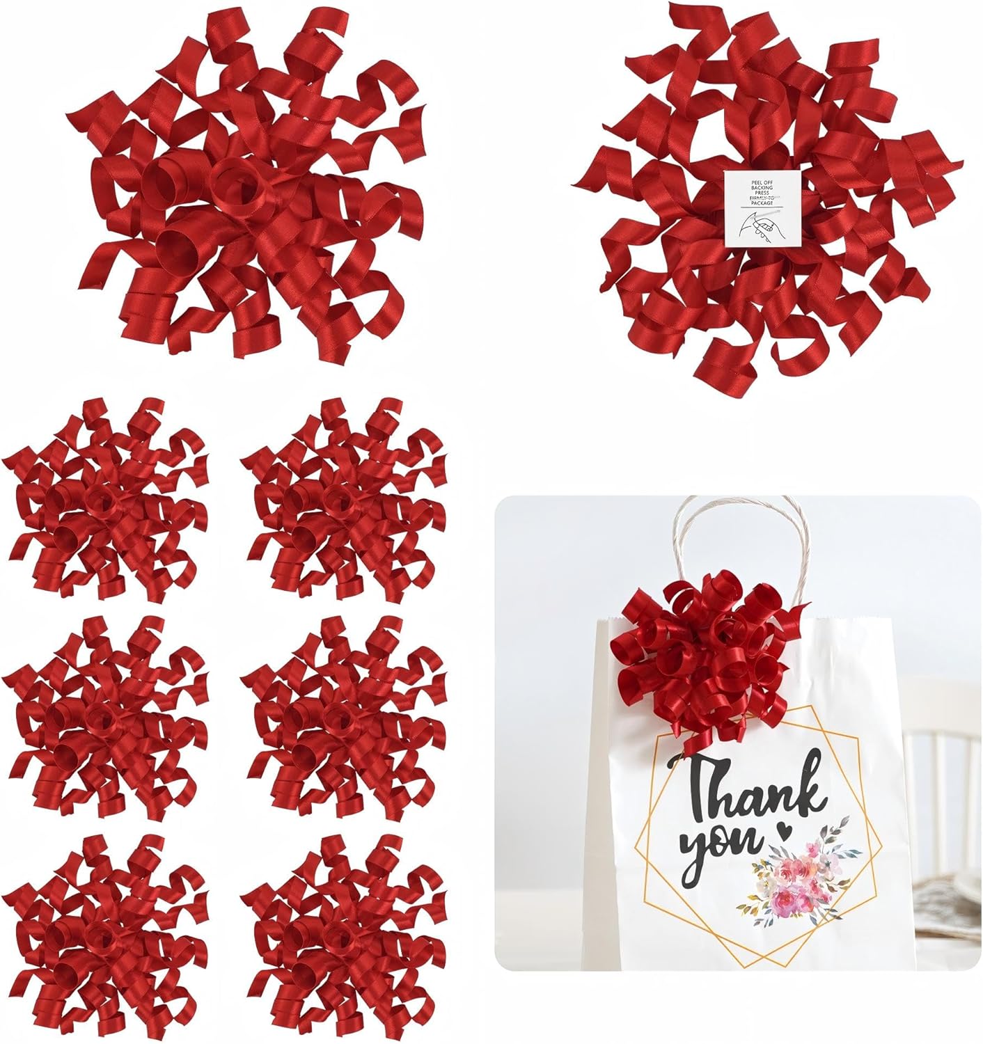 5 Inch Red Bows Curly Ribbon Bows for Gift Wrapping, Satin Bows with Double-Sided Tape, Self Adhesive Bows for Party, Wedding, Birthday Decor, Premade Bows for Crafts, Wine Glasses-8 Counts