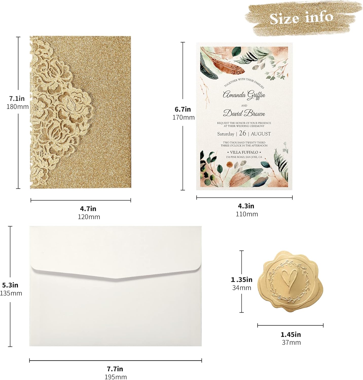 DORIS HOME 50pcs Laser Cut Wedding Invitations with Envelopes Gold Glitter, 4.7x7.1 Personalized Invitation Cards for Wedding, Anniversary Invitations with Envelopes