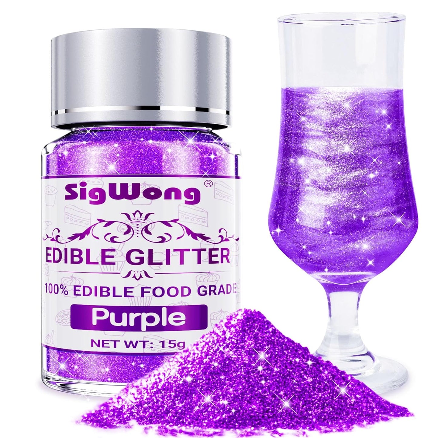 Purple Edible Glitter - 15g Food Grade Luster Dust Powder, Cake Decorating Sprinkle Glimmery Dust for Drinks, Wine, Fondant, Chocolate, Candy, Cookie, Vegan