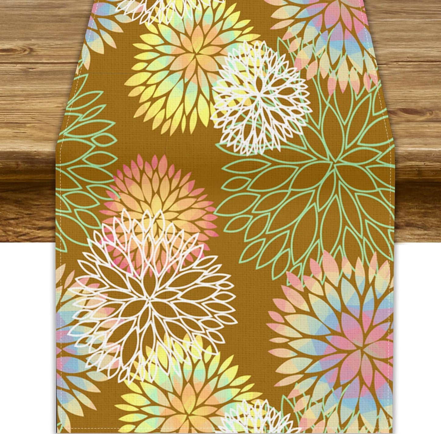 Brown Grey Dahlia Flower Table Runner, Linen Geometric Pattern Floral Table Decor Spring Farmhouse Decorations for Kitchen Dining Holiday Party Decor, 13x120 Inch