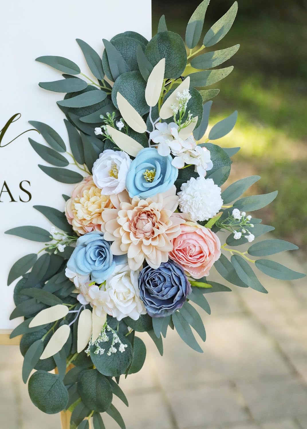 Artificial Blush Pink Wedding Arch Flower Swags Set of 2 for Wedding Welcome Signs and Ceremony Decorations, Blue Flowers