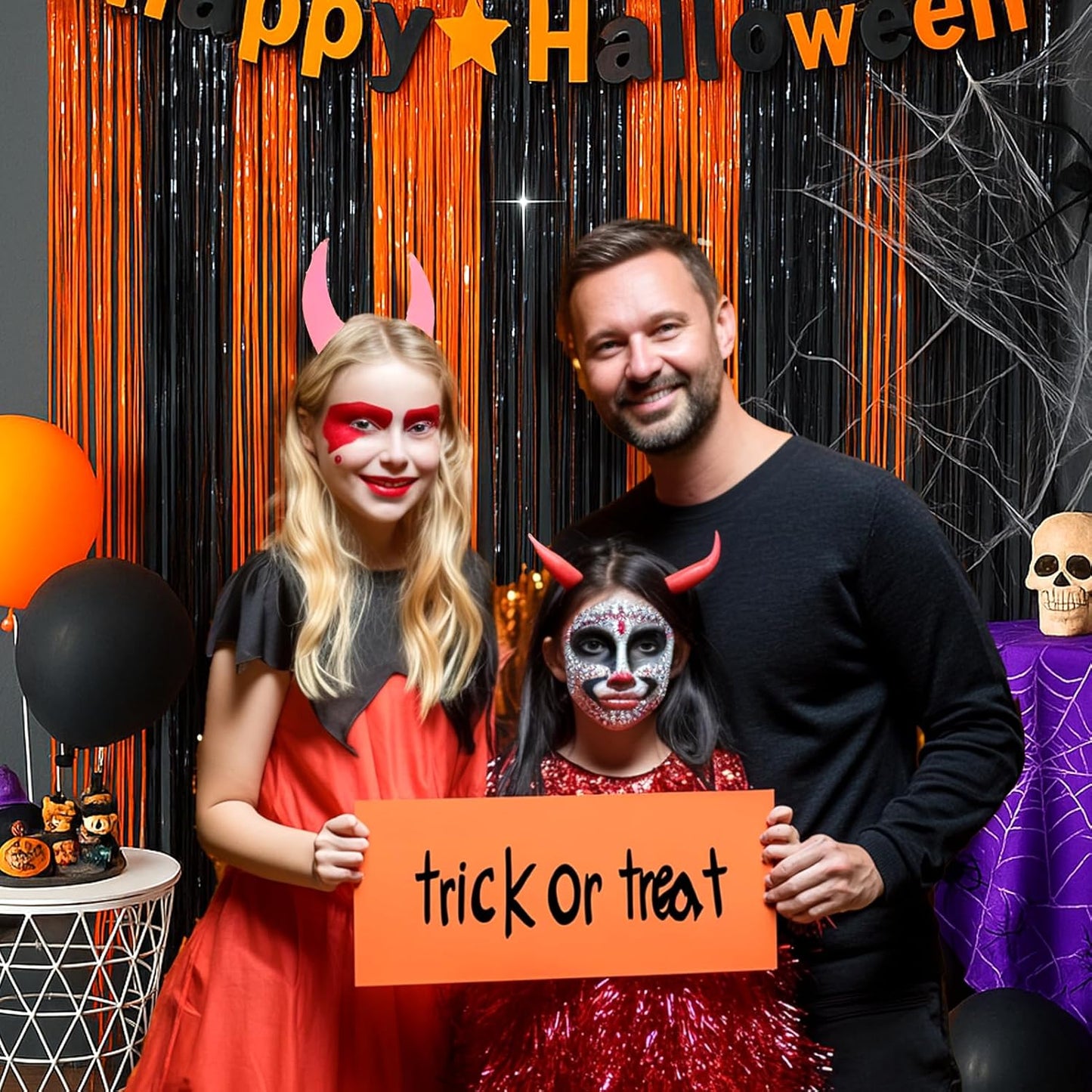 4 Packs Halloween Foil Fringe Curtain, Orange and Black Metallic Tinsel Backdrop for Birthday, Baby Shower, Bachelorette, Halloween Party Decorations Favors Supplies Indoor Outdoor