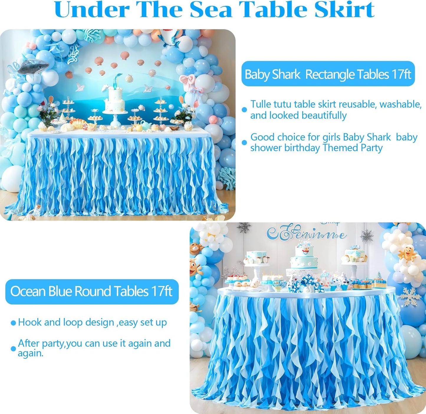 Partisky Ocean Blue Tulle Tutu Ruffle Curly Willow Table Skirt for Rectangle Table 17ft,Under The Sea Baby Shark Themed Table Cloth for Boys Girls Birthday Party or Baby Shower