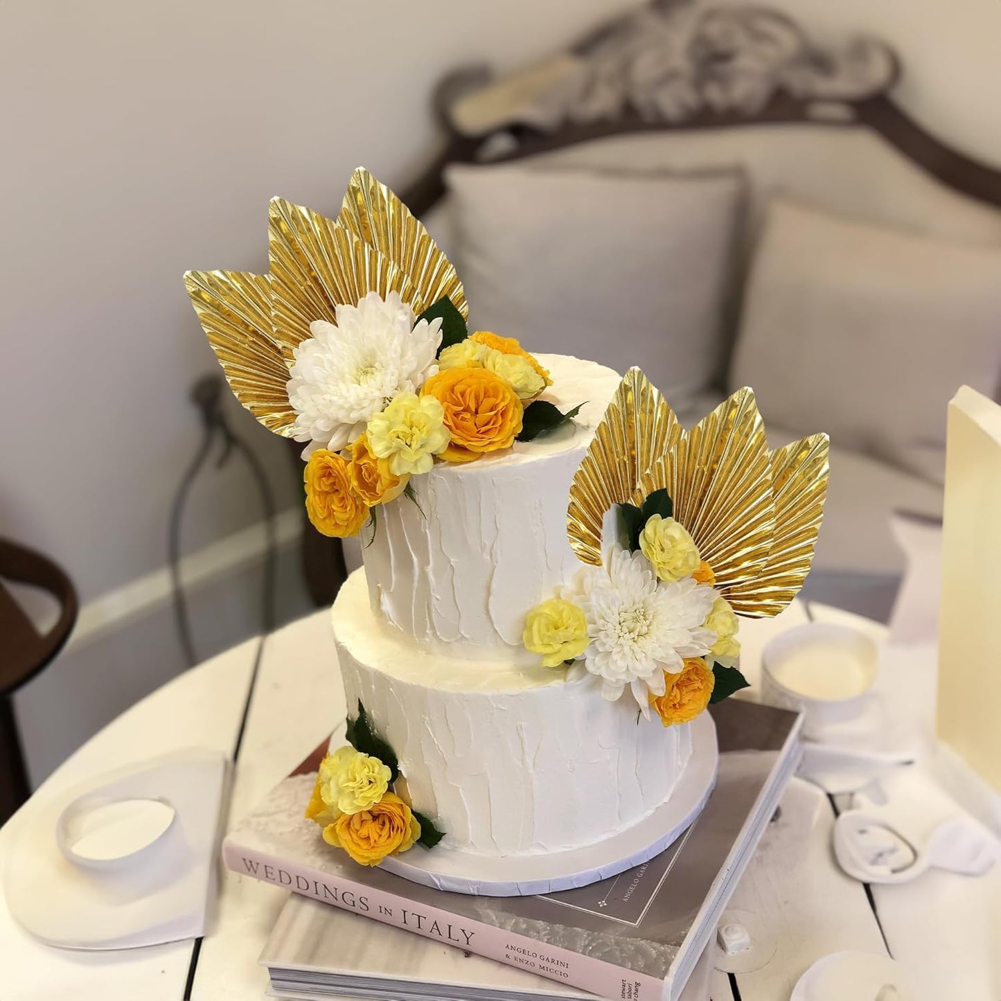 Ephlyn 6Pcs Paper Palm Leaves Fan Cake Toppers Palm Leaf Fan Cake Picks Craft DIY Fan Cupcake Toppers Palm Spear Leaves Cake Decorations for Baby Shower Wedding Birthday Party Supplies Bright Gold