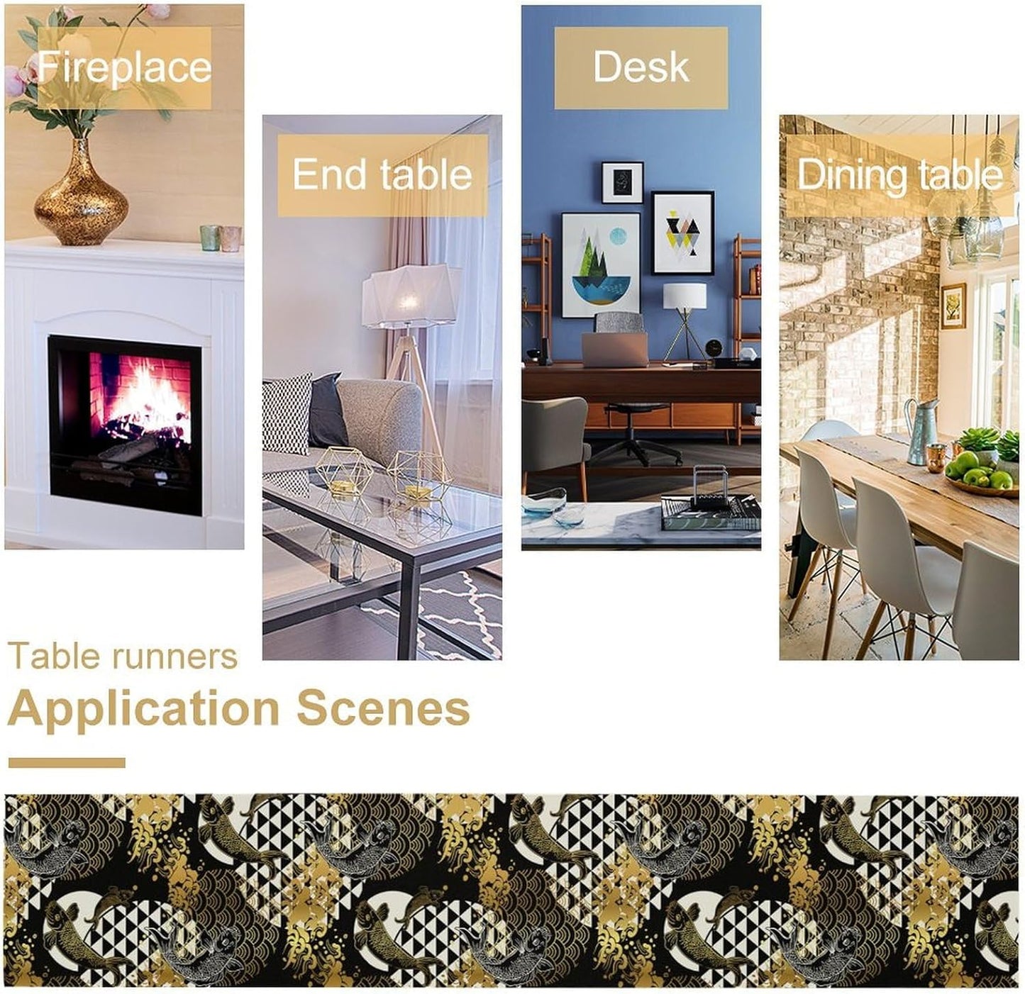 Japanese Table Runner Oriental Tradition Kio Fish Gold Art Printed Burlap Runner Home Kitchen Dining Table Living Room Decor Fabric 1 Panel W13xL120in