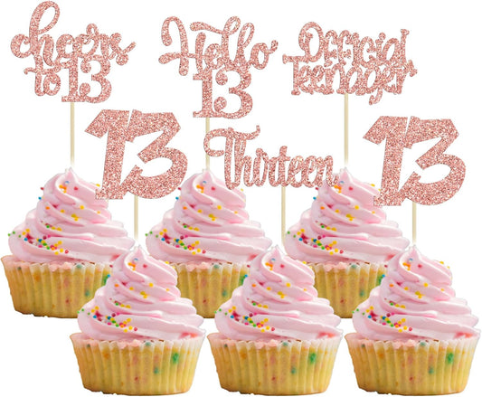 30Pcs 13th Birthday Cupcake Toppers Hello 13 Cupcake Picks Official Teenager Cheers to 13 Years Old Cake Decorations for 13th Birthday Anniversary Party Supplies Rose Gold Glitter