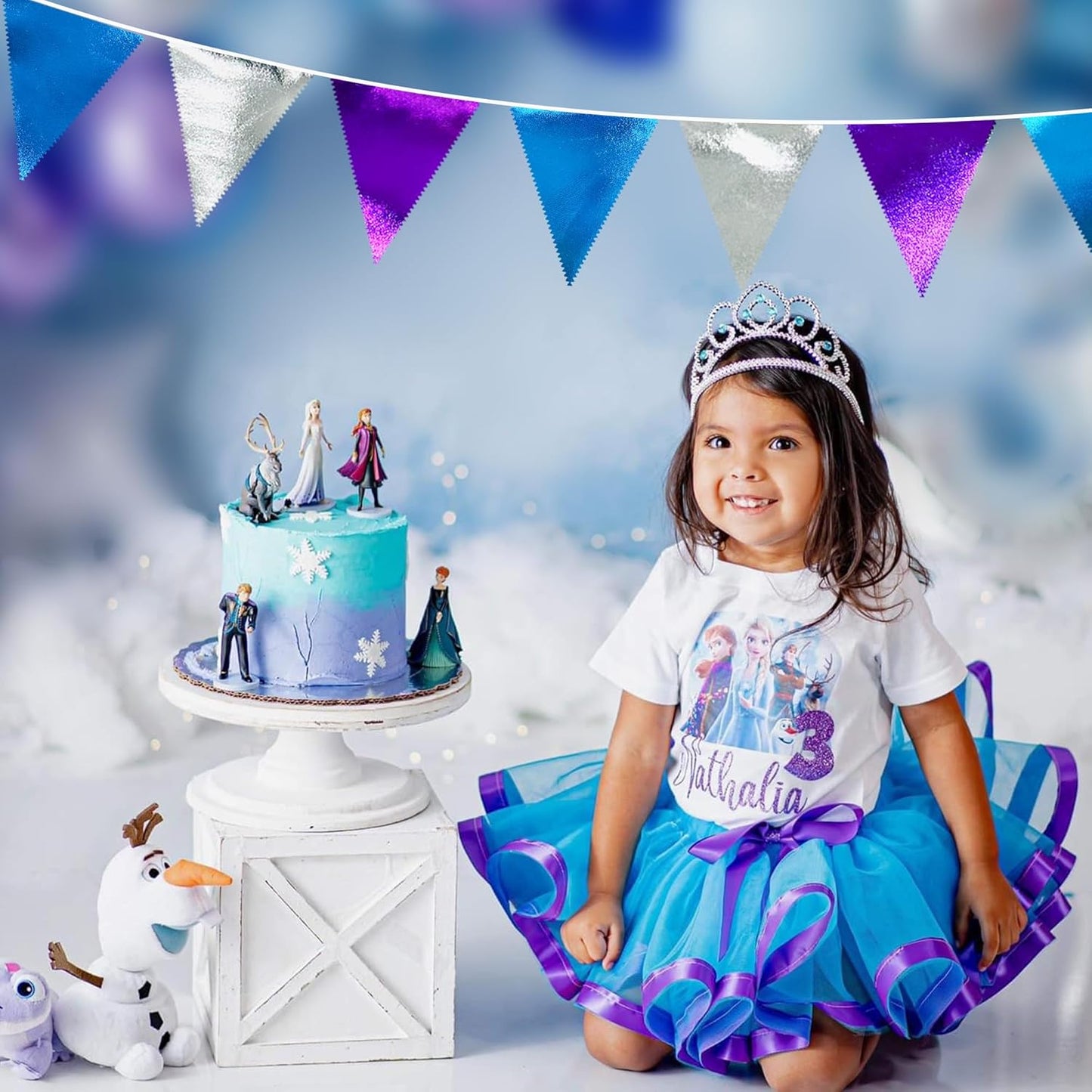 Frozen Party Decoration Purple Blue Silver Metallic Fabric Triangle Pennant Banner Flag Bunting Garland for Frozen Winter Wonderland Christmas Birthday Wedding Baby Shower Bridal Shower Party Supplies