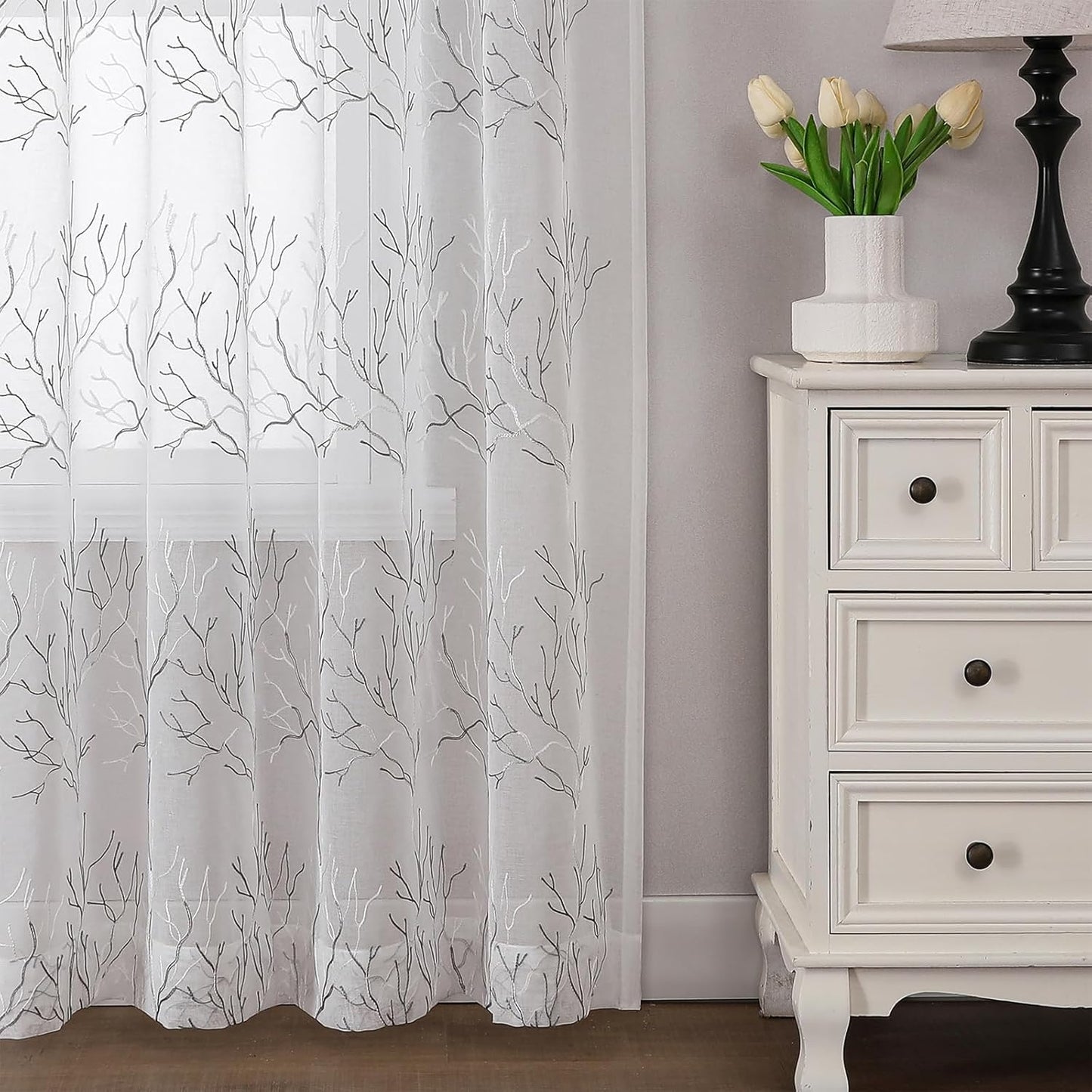 VISIONTEX Sheer Curtains 84 inch Length 2 Panels Set, Decorative Grey Coral Embroidery, Rod Pocket Embroidered Window Drapes for Living Room and Bedroom, 54" x 84"